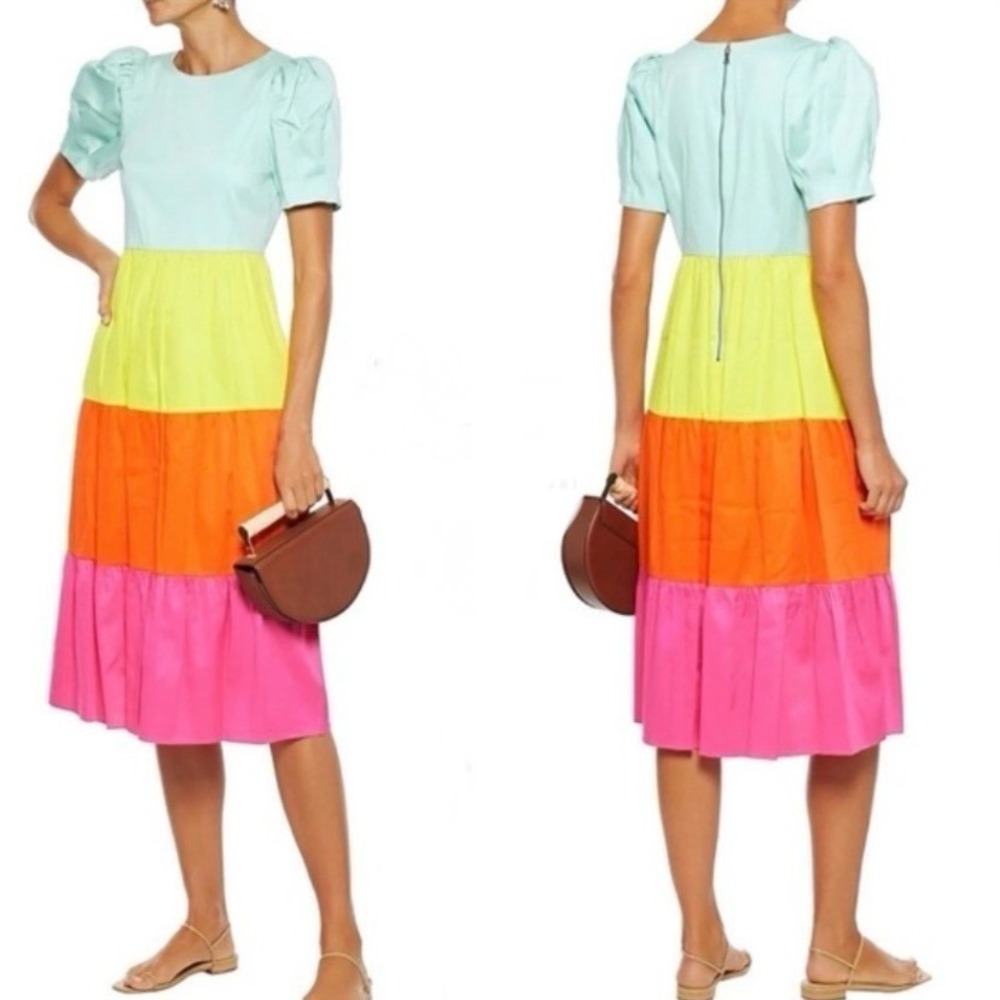 NEW ALICE + OLIVIA Linnie Tiered Rainbow Puff‎ Sleeve Poplin Midi Dress Size 8